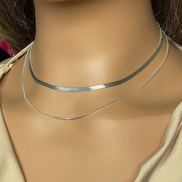 NEW 925 Sterling Silver Herringbone Snake Box Chain Necklace Set - Picture 6 of 9